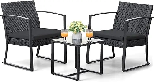 Outdoor Furniture Set Patio Bistro Chairs with Glass Coffee Table for Pool Beach Backyard Balcony Porch Deck Garden,Black