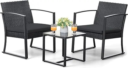 Outdoor Furniture Set Patio Bistro Chairs with Glass Coffee Table for Pool Beach Backyard Balcony Porch Deck Garden,Black