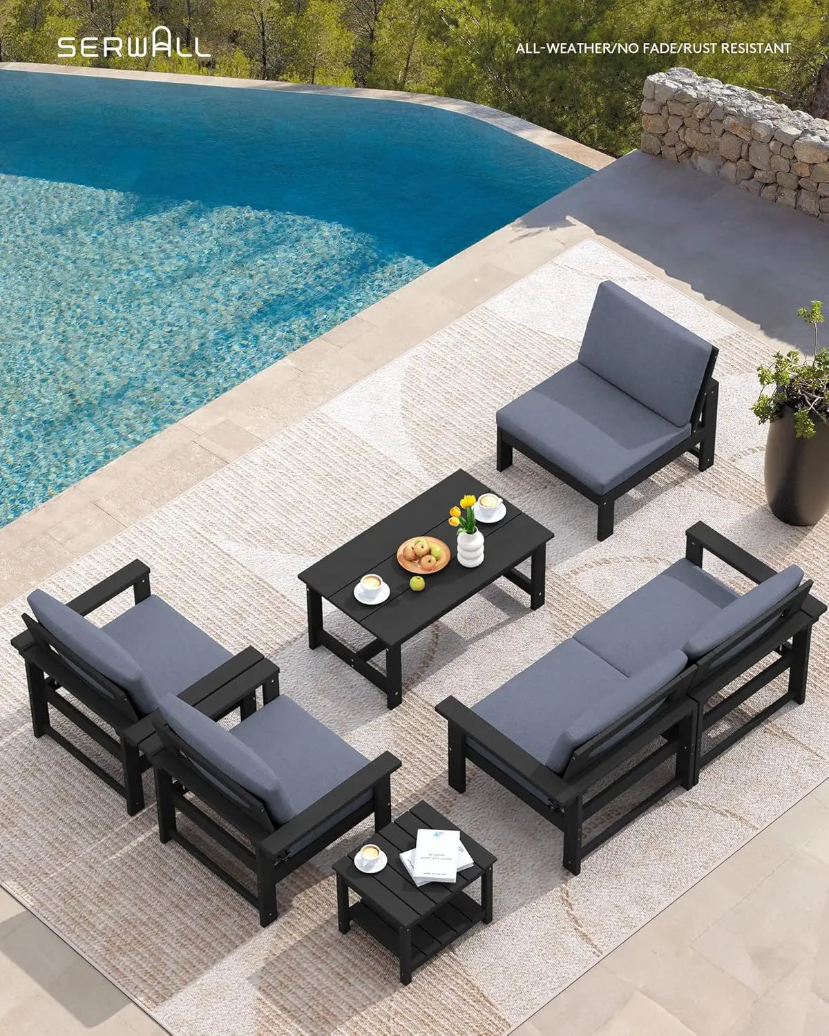 HDPE Patio Conversation Set, 6-Piece Sectional Outdoor Furniture Set, All Weather Outdoor Couch Set Patio Furniture Set