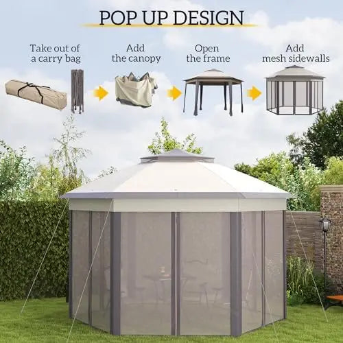 13' x 13' Pop Up Gazebo, Hexagonal Canopy Shelter with 6 Zippered Mesh Netting, Event Tent with Strong Steel Frame for