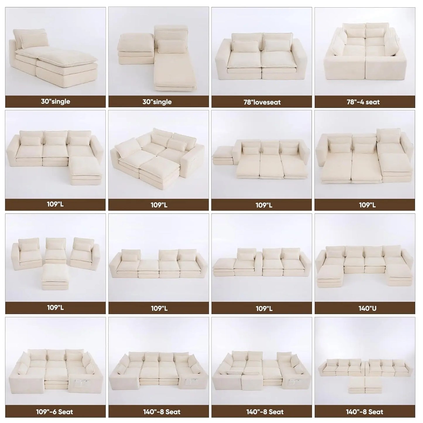 109" L Shape Modular Sectional Sofa with Ottoman, Boneless Couch Three-Layer Deep 3 Seat Convertible Pull Out Sofa, Customized