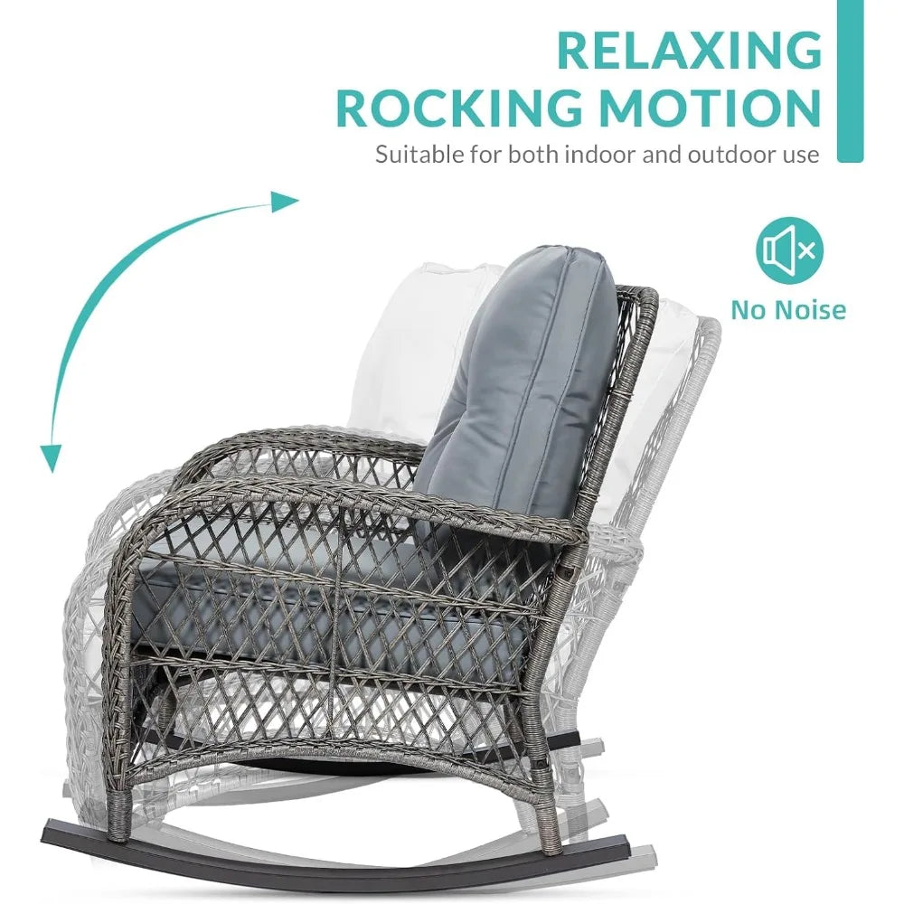 Outdoor Wicker Rocking Chair Trio with Cushions and Glass Coffee Table Patio Set