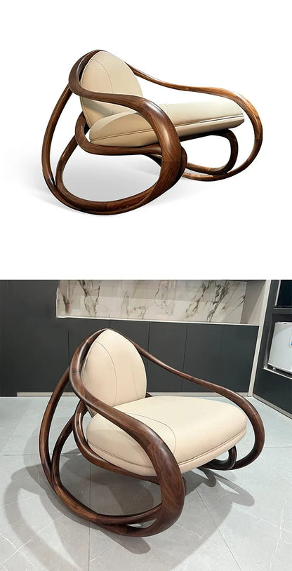 Rocking chair, solid wood balcony, living room, fiberglass casual leather sofa