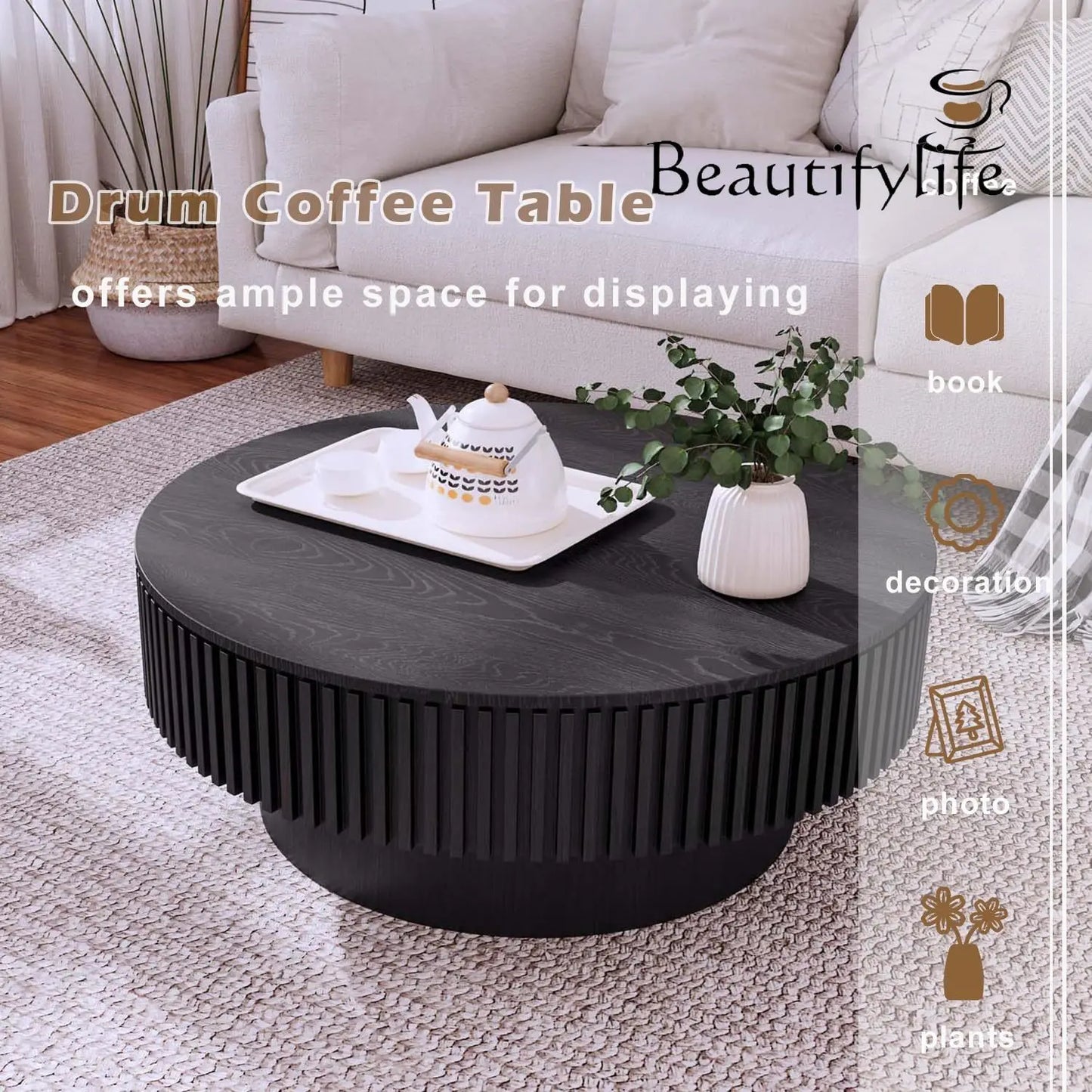 SS Modern Wooden Coffee Table Round Black With Solid Wood Veneered, Circle Center Table Accent Tea Table For Living Room Apartme