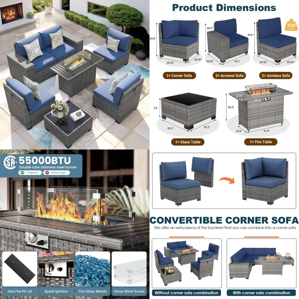 7-piece patio furniture set including fire pit table and wicker rattan sectional sofa with coffee table