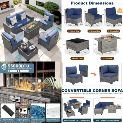 7-piece patio furniture set including fire pit table and wicker rattan sectional sofa with coffee table