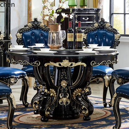 HTT marble dining table and chair combination carved round table for household8 people round  with turntable furniture