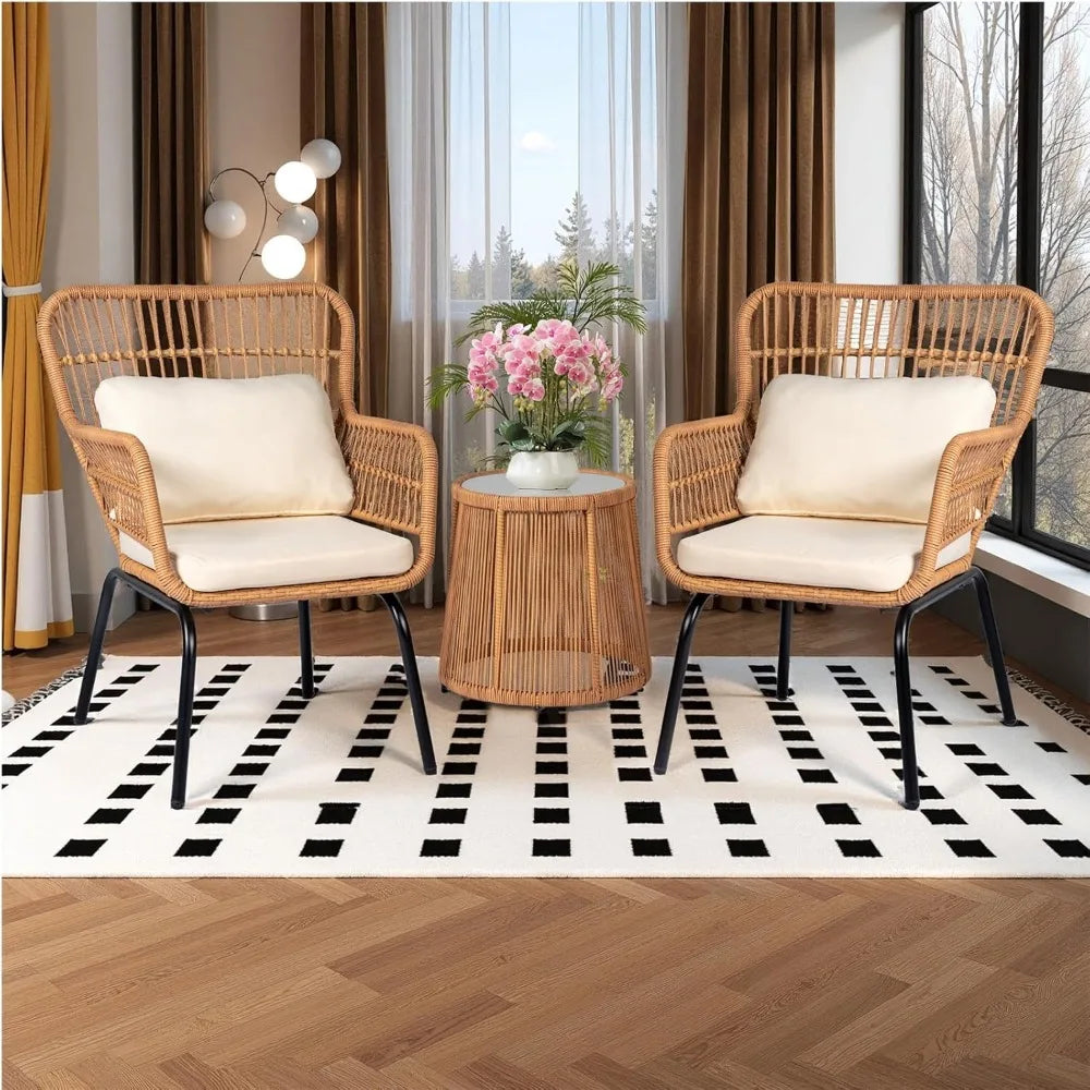 3 Piece Outdoor Wicker Bistro Set, Patio Conversation Sets w/2 Large Rattan Chairs and Tempered Glass Table, Patio Furniture