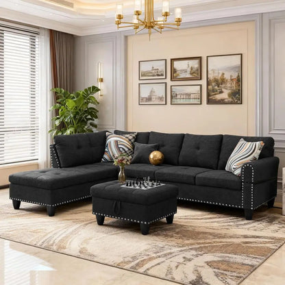 98'' Sectional Couches or Living Room, Linen abric L-Shaped Couch with Cup Holders and Storage Ottoman, 3 Pieces Living Room Soa