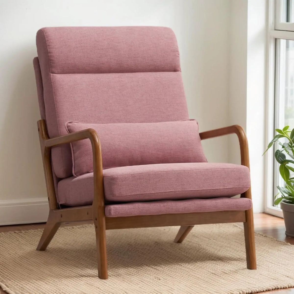 Mid-Century Modern Chair with Pillow High Back Bronzing Cloth Upholstered Lounge Arm Chair with Solid Wood Frame & Soft Cushion