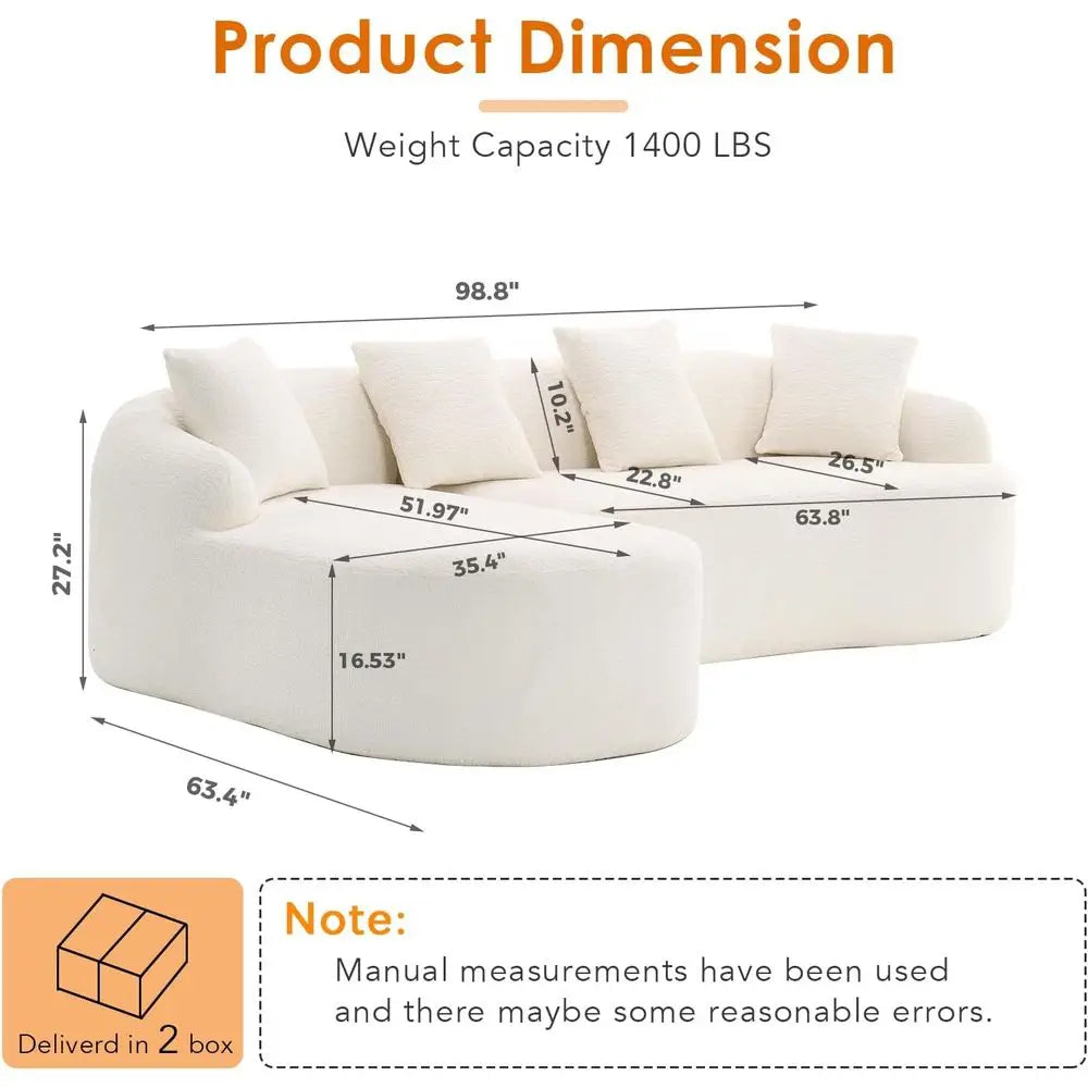 Curved Sectional Sofa, Oversized L-Shape Deep Seating Cloud Sofa, 4-Seater Chenille Couch with Chaise, Ready to Use, Beige White