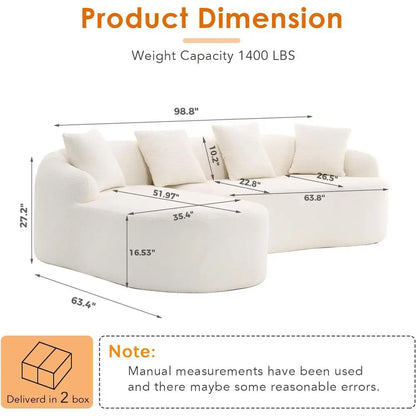 Curved Sectional Sofa, Oversized L-Shape Deep Seating Cloud Sofa, 4-Seater Chenille Couch with Chaise, Ready to Use, Beige White