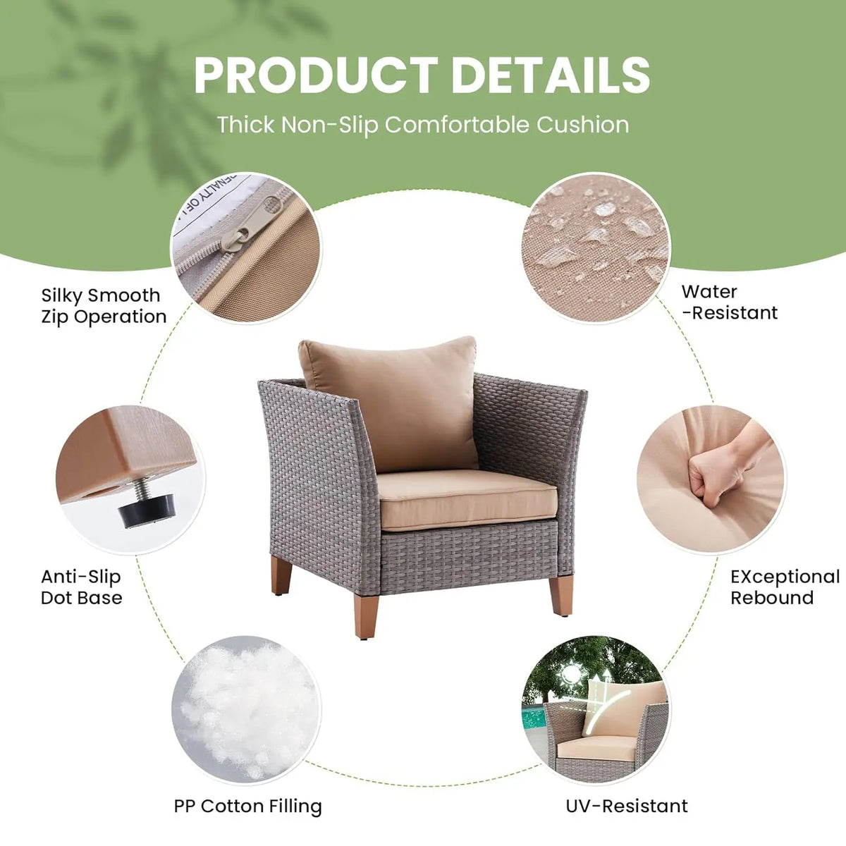 5-Piece Patio Furniture Set, Thickened Rattan Sectional Outdoor Sofa with Glass Top Table, Reclined Backrest and, Customized