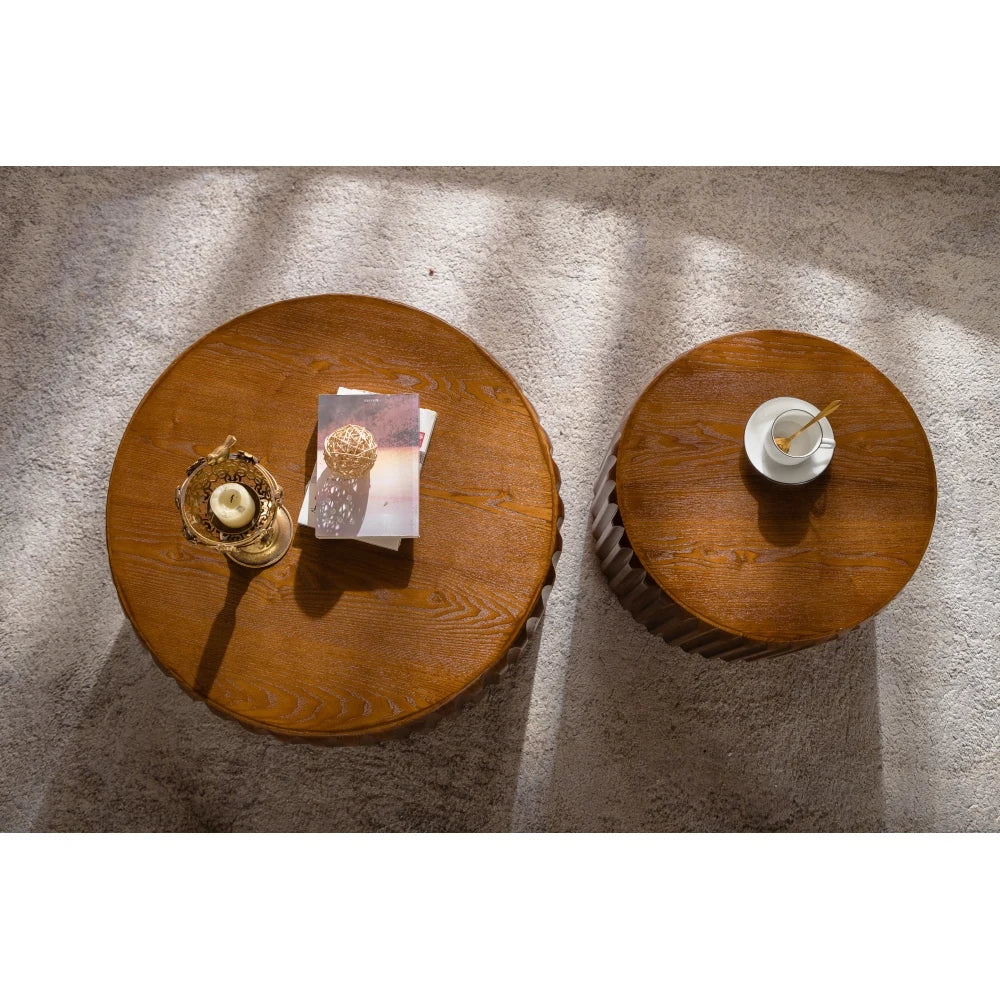 Set of 2 Fluted Round Nesting Coffee Tables (26.77/19.69), Solid Wood & MDF, Mid-Century Modern Living Room/Apartment

Wait, let