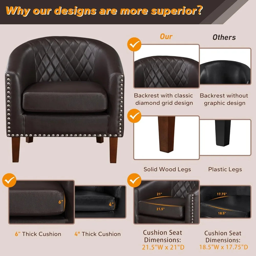 Comfy Barrel Accent Chair Set of 2 - Faux Leather Living Room Chair Club Chair with Cushion, Diamond Grid Backrest & Nailhead T