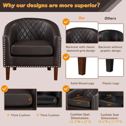 Comfy Barrel Accent Chair Set of 2 - Faux Leather Living Room Chair Club Chair with Cushion, Diamond Grid Backrest & Nailhead T