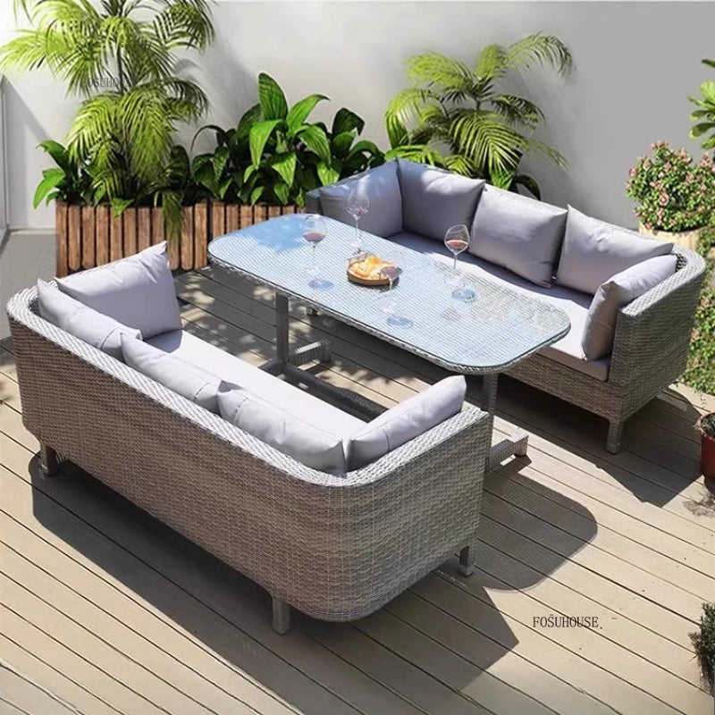 European Outdoor Garden Sofas Leisure PE Rattan Garden Terrace Sofa Chair Set Courtyard Balcony Double Sofa Outdoor Furniture AA