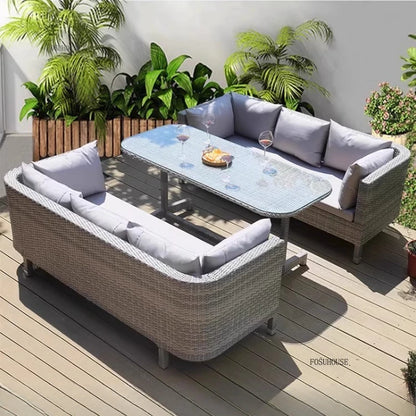 European Outdoor Garden Sofas Leisure PE Rattan Garden Terrace Sofa Chair Set Courtyard Balcony Double Sofa Outdoor Furniture AA
