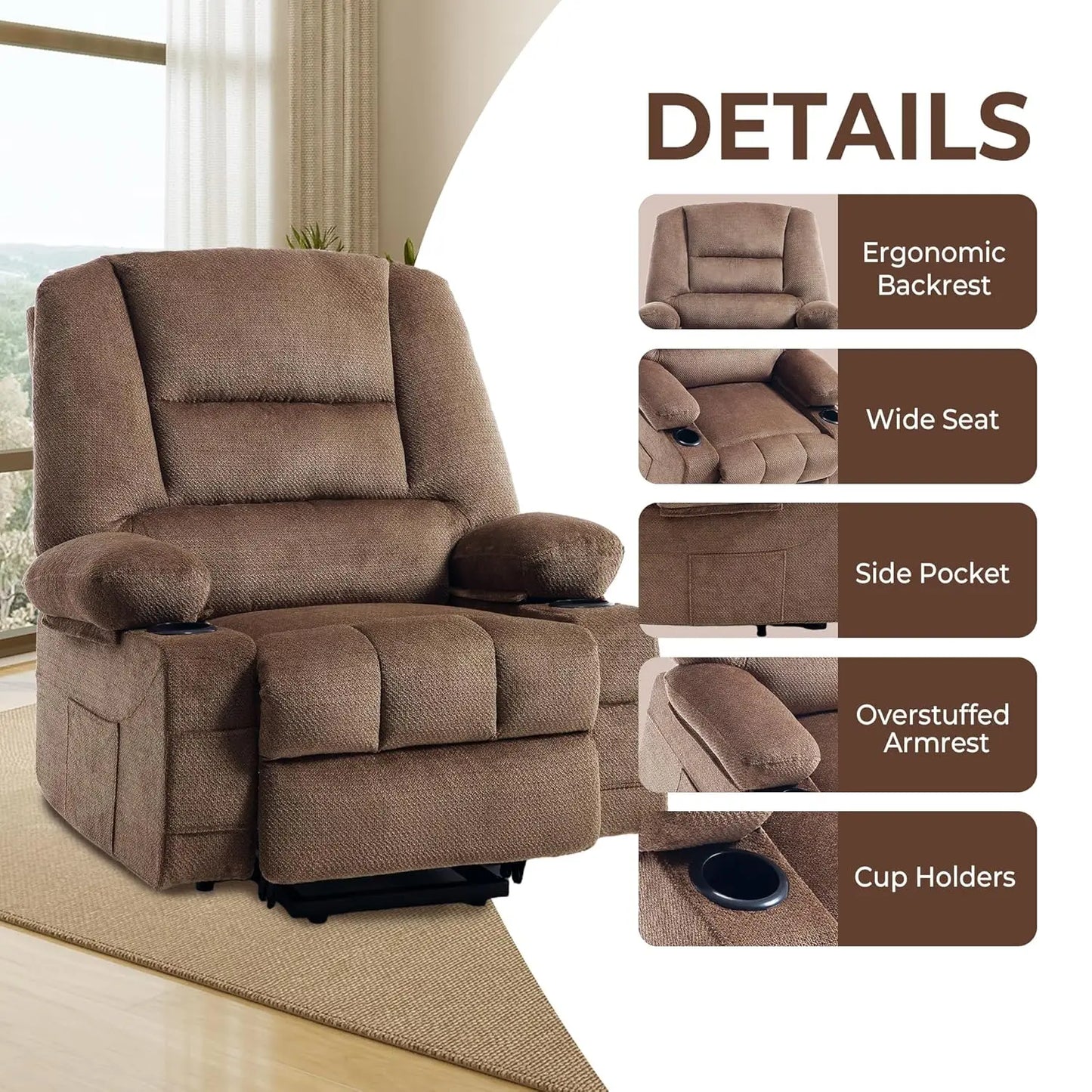 Power Lift Recliner Chair for Elderly People with USB Port Cup Holder, Overstuffed Fabric Electric Massage Recliner, Customized