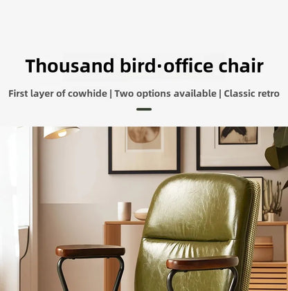 Comfortable Genuine Leather Chair Steel-Legged Adjustable Swivel Seat Ergonomic Desk Chair for Prolonged Sitting