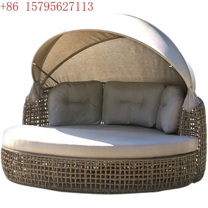 Outdoor leisure rattan sofa queen bed rough rattan recliner round bed combination with canopy round rattan awning lying outside
