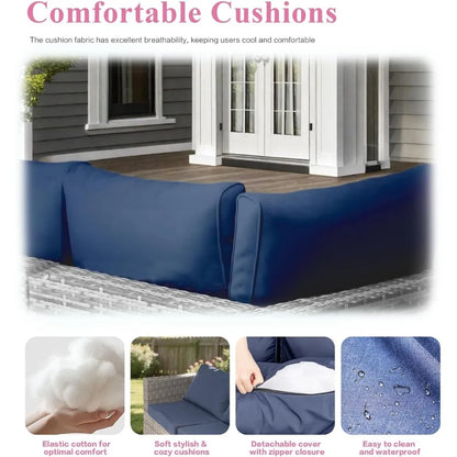 7-Piece Outdoor Rattan Sectional Sofa Set, Gray Wicker Patio Furniture Sets with Navy Blue Cushions for Balcony, Porch, Backyard