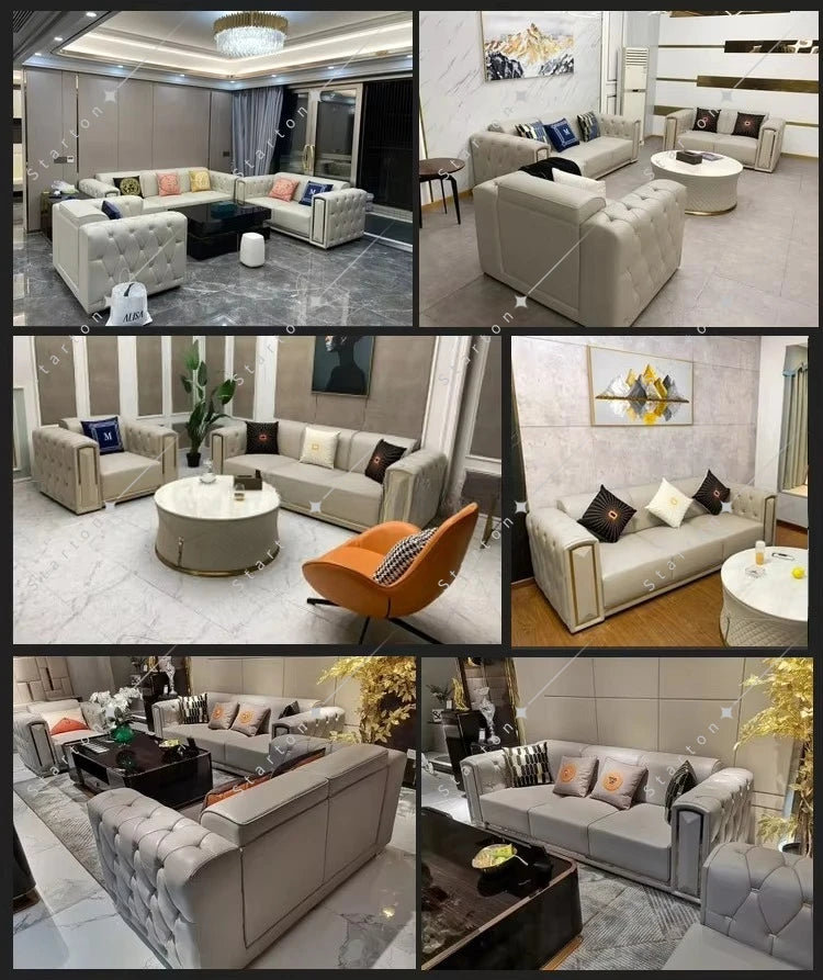 Wholesale Luxury Modern Gold Leg Genuine Leather Sectional L Shape Sofa for Living Room Reclinable Corner Sofa Set Furniture