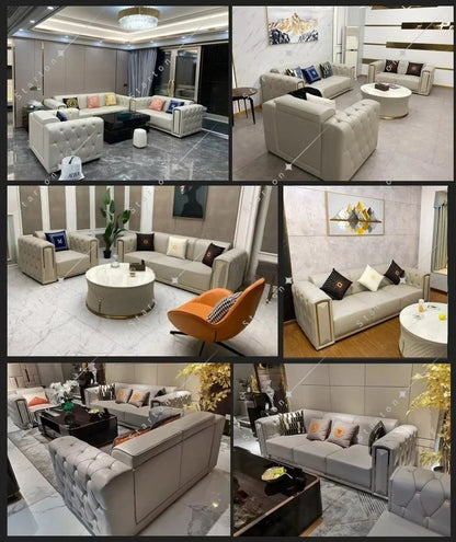 Wholesale Luxury Modern Gold Leg Genuine Leather Sectional L Shape Sofa for Living Room Reclinable Corner Sofa Set Furniture