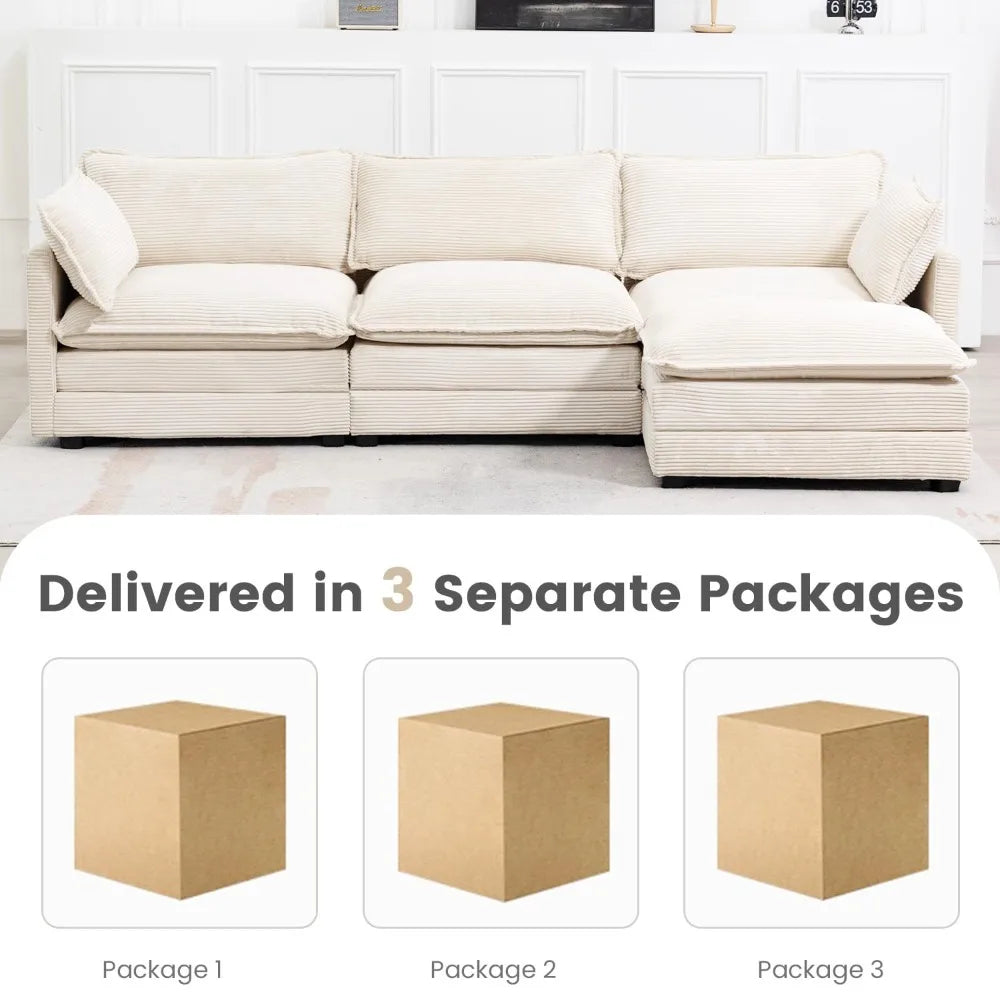 Oversized Modular Sectional Sofa Movable Ottoman 112in 4 Seat Corduroy Convertible L Shape Living Room Office Beige Custom