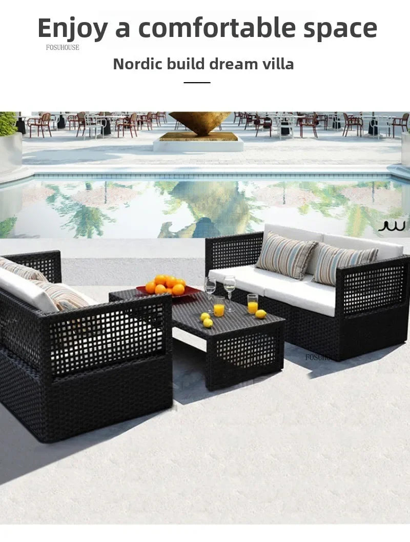 Nordic Outdoor Sofas Courtyard Villa Sun Room PE Rattan Chairs Single Double Terrace Sofa Waterproof Sunscreen Outdoor Furniture