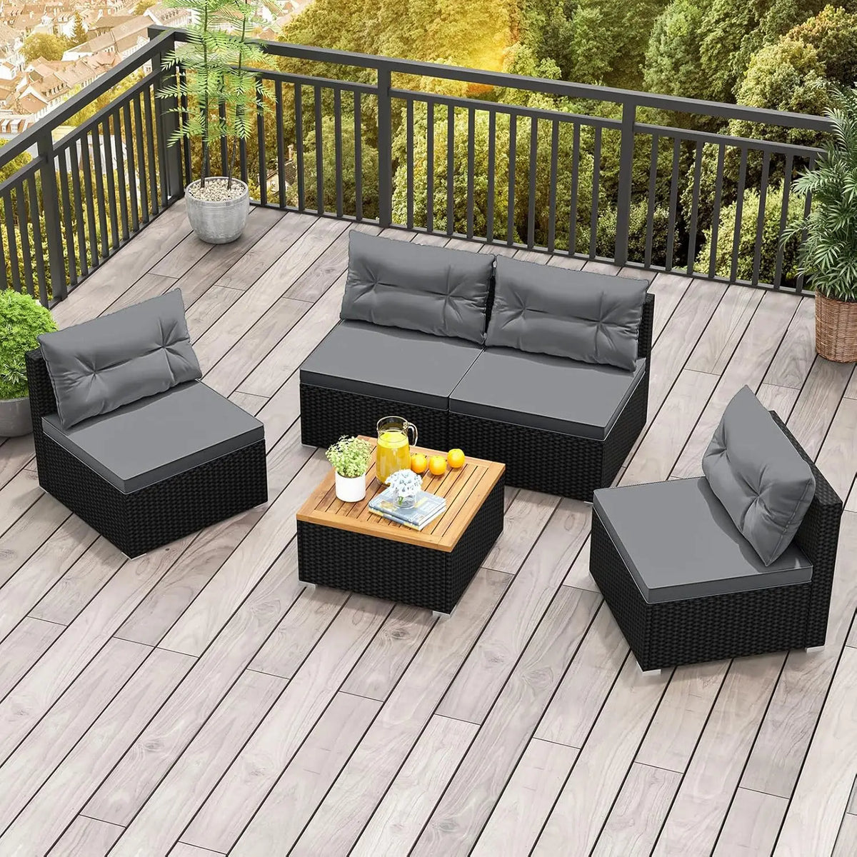5pc PE Rattan Sectional Set 4 Armless Sofas Acacia Table Cushioned Garden Poolside Backyard Grey Customized