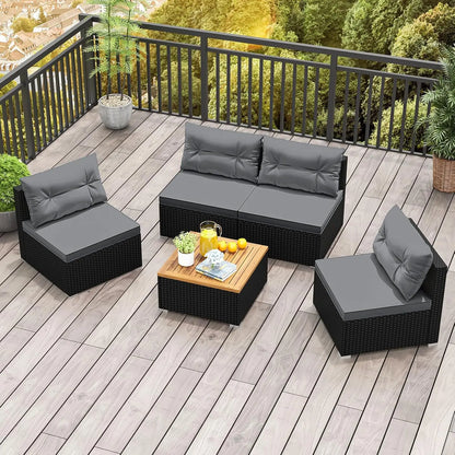 5pc PE Rattan Sectional Set 4 Armless Sofas Acacia Table Cushioned Garden Poolside Backyard Grey Customized
