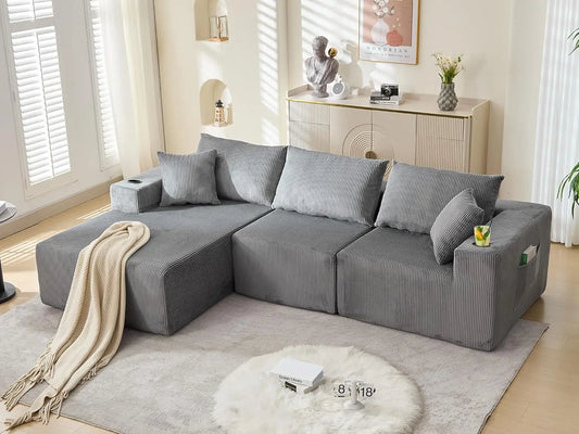 107" Cloud Sectional Couch, Modular Sectional Sofa with L-Shape Chaise, Corduroy Boneless Couch with Deep Seat, Upholstered Sofa
