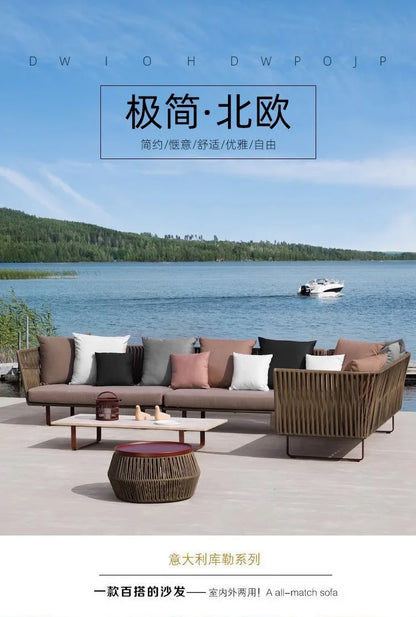 Outdoor Sofa Sunscreen Waterproof Courtyard Terrace Balcony Leisure Rattan Chair Sofa Double Card Seat Rattan Sofa Furniture