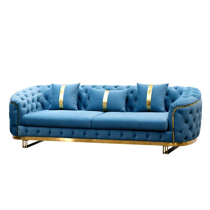-Luxury Gold Legs Stainless Steel Blue Button Tufted Velvet Chesterfield Sofa Set 3 2 Seater SofaLiving Room Couch Set Furniture