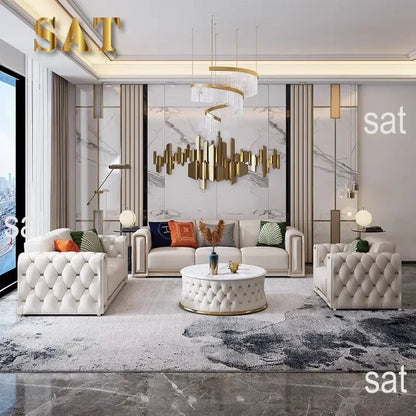 -Modern Luxury High-end Living Room Sofa Set Furniture Upholstered Full Leather Button Tufted Sofa Home