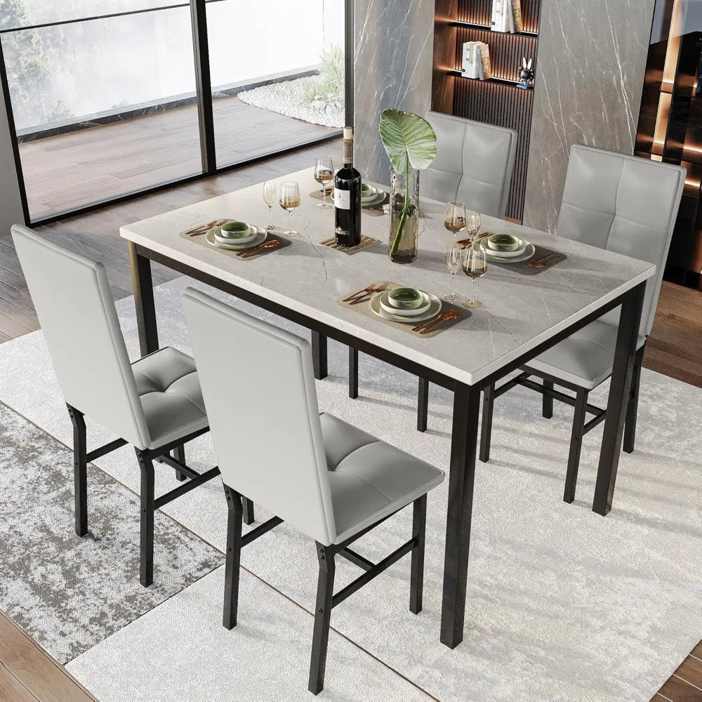 4-person Dining Table Set, Modern Artificial Marble Dining Table with 4 PU Leather Chairs, 5-piece Small Dining Table Set