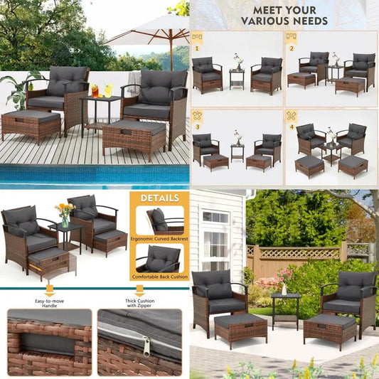 All-Weather 5-Piece PE Wicker Rattan Patio Furniture Set with Cushioned Chairs and Metal Coffee Table