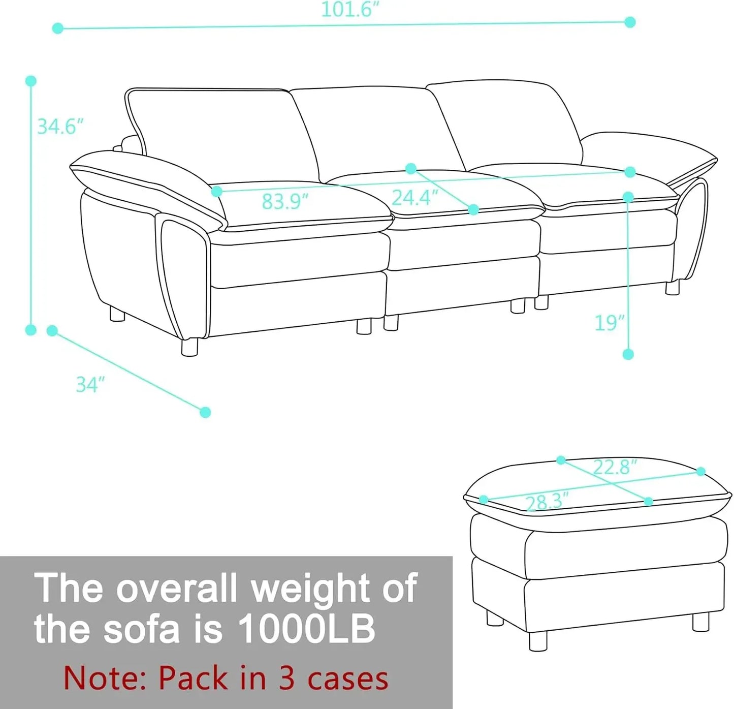 101.6" Modular sectional Chenille Sofa, Modern Dark 3-Seater Cloud Sofa with Ottoman