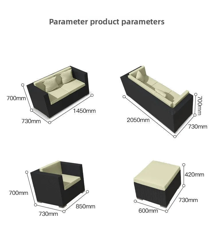 Rattan Garden Furniture Set, Outdoor Corner Sofa Couch, Handwoven Rattan Patio Conversation Set, Cushions and Glass Table