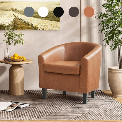 Leather Accent Chair, Faux Leather Armchair, Modern Barrel Club Chair With Soft Seat For Living Room Bedroom Reading