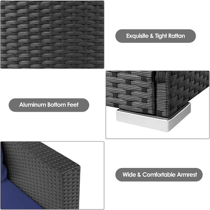 Three Piece Patio Set, Outdoor Rattan Sofa With Cushions, Tempered Glass Tabletop, Wicker Conversation Furniture