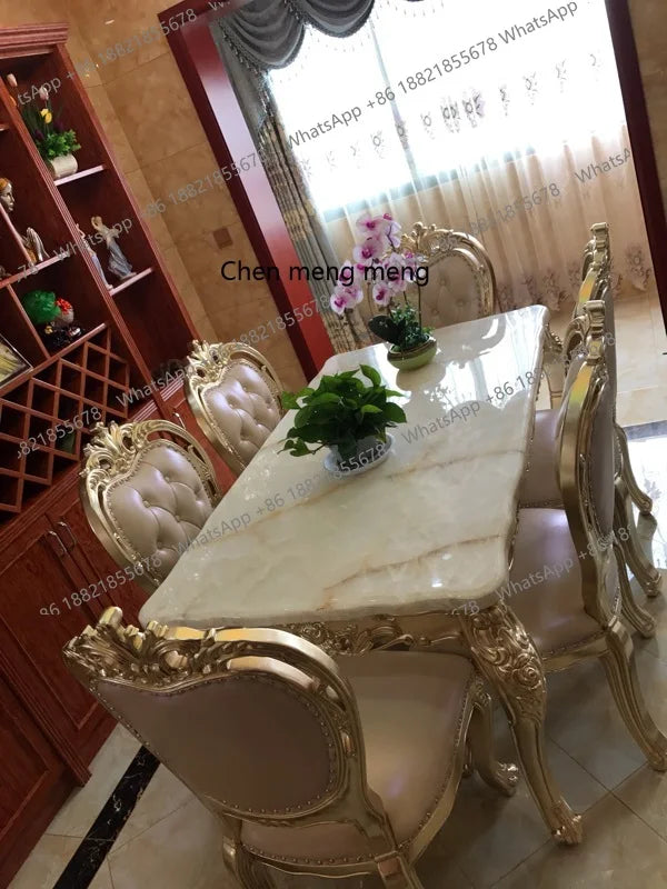 European-style Champagne Gold Dining Table and Chairs with Carvings, 1.6m Tables,  Carved Marble Long Dining Table and Chairs