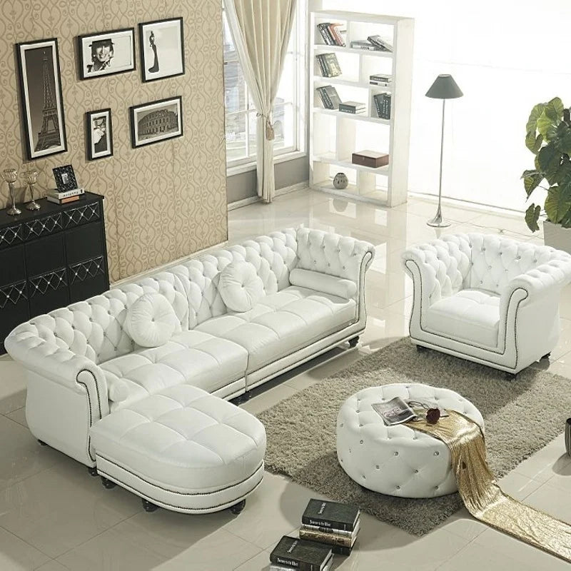 Modern Home Furniture Genuine Leather L-Shaped Sectional Corner Sofa Set Wood Legs with Sponge Filling for Living Room Villa