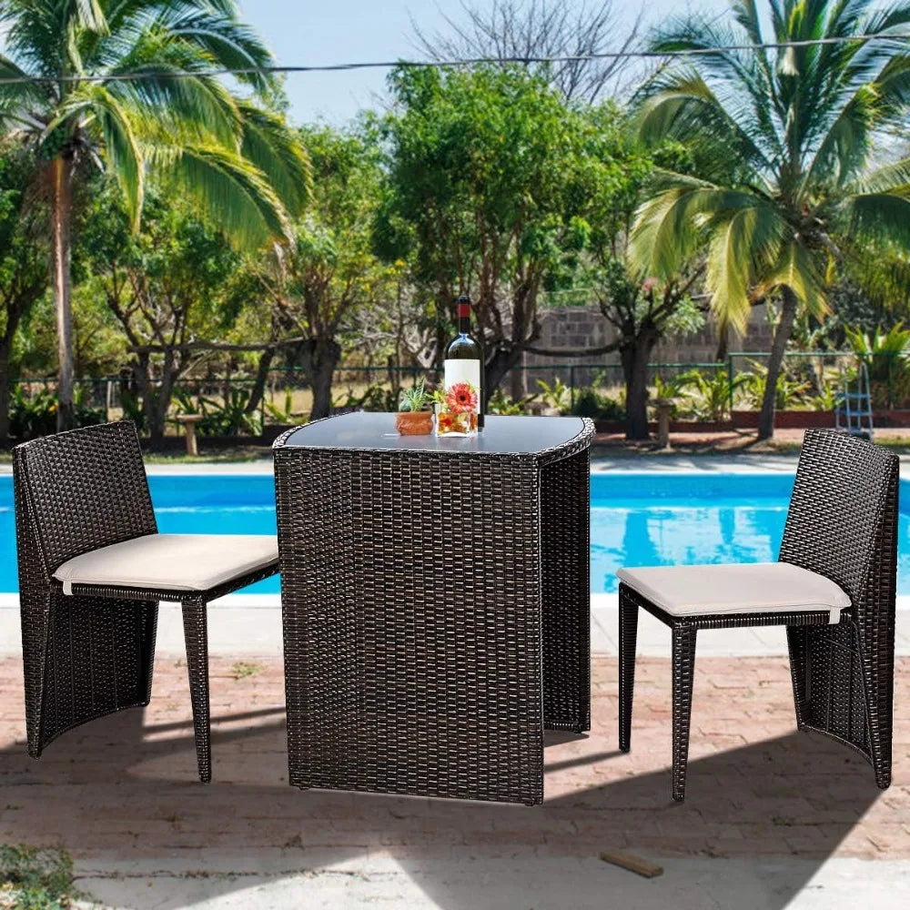 3 PCS Cushioned Outdoor Wicker Patio Set Convention Bistro Set Garden Lawn Space Saving Conversation Sofa Furniture