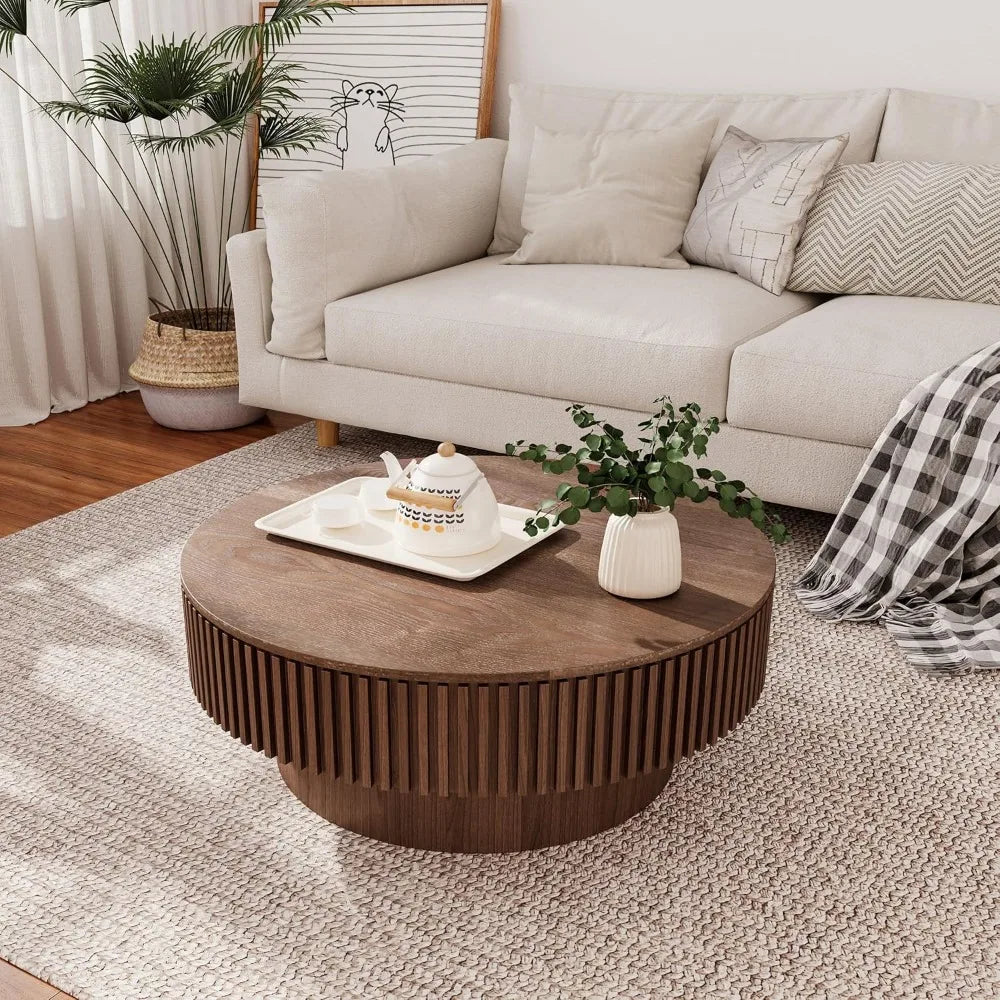 31.5 Round Coffee Table with Hidden Storage, Solid Wood Drum Coffee Table Tea Table for Living Room, Bedroom, Apartment or Offic