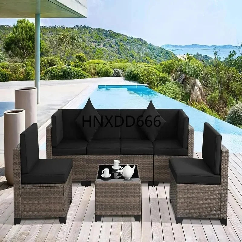 Brown Rattan Sectional Sofa Set with Cushions and Coffee Table for Outdoor Patio