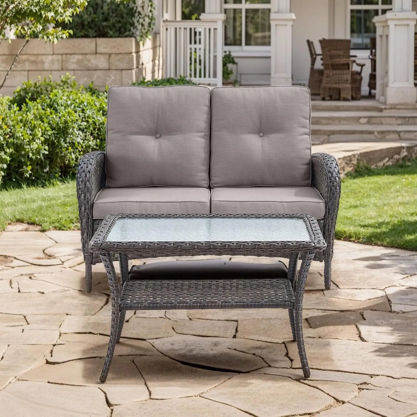 Light Beige Blue 2Piece Outdoor Wicker Loveseat and Coffee Table Set for Patio Porch Deck and Balcony Durable WeatherResistant