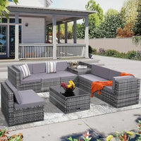 YND6-Q8 pieces outdoor Wicker rattan patio sectional furniture set.glass top table with hidden storage.7 sofa sections. oversize