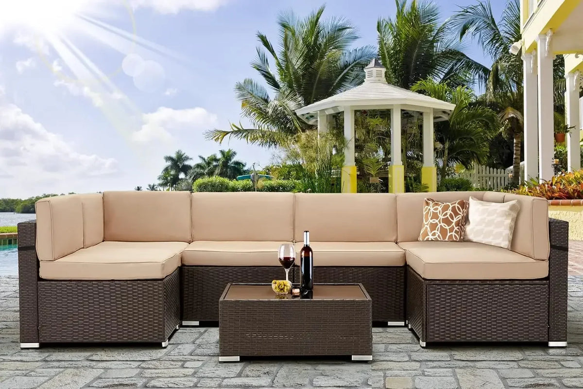 7 Piece Outdoor Patio Furniture Set, PE Rattan Outdoor Grey Wicker Furniture, Outdoor Sectional Furniture Chair